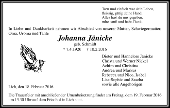 Traueranzeige von Johanna Jänicke von Licher Wochenblatt, Licher Wochenblatt, Licher Wochenblatt