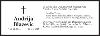 Traueranzeige von Andrija Blazevic von Gießener Allgemeine, Alsfelder Allgemeine, Wetterauer Zeitung, Wetterauer Zeitung