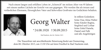 Traueranzeige von Georg Walter von Wetterauer Zeitung, Wetterauer Zeitung