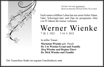 Traueranzeige von Werner Wienke von Gießener Allgemeine, Alsfelder Allgemeine