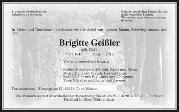 Traueranzeige von Brigitte Geißler von Wetterauer Zeitung, Wetterauer Zeitung