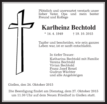 Traueranzeige von Karlheinz Bechtold von Gießener Allgemeine, Alsfelder Allgemeine