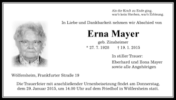 Traueranzeige von Erna Mayer von Wetterauer Zeitung, Wetterauer Zeitung