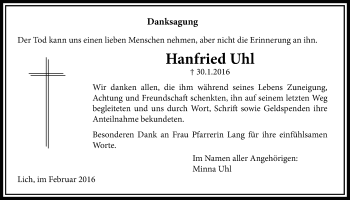 Traueranzeige von Hanfried Uhl von Licher Wochenblatt, Licher Wochenblatt, Licher Wochenblatt