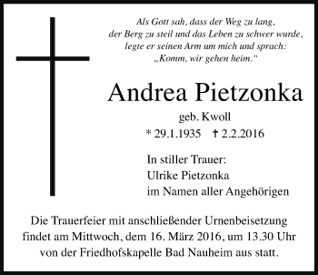 Traueranzeige von Andrea Pietzonka von Wetterauer Zeitung, Wetterauer Zeitung