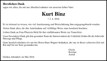 Traueranzeige von Kurt Binz von Gießener Allgemeine, Alsfelder Allgemeine