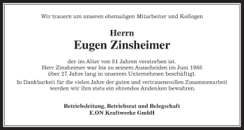 Traueranzeige von Eugen Zinsheimer von Gießener Allgemeine, Alsfelder Allgemeine, Wetterauer Zeitung, Wetterauer Zeitung