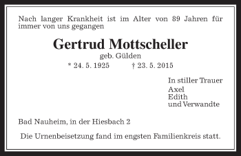 Traueranzeige von Gertrud Mottscheller von Wetterauer Zeitung, Wetterauer Zeitung
