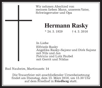 Traueranzeige von Hermann Rasky von Wetterauer Zeitung, Wetterauer Zeitung