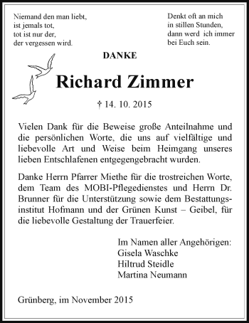 Traueranzeige von Richard Zimmer von Gießener Allgemeine, Alsfelder Allgemeine