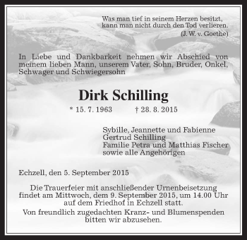 Traueranzeige von Dirk Schilling von Wetterauer Zeitung, Wetterauer Zeitung