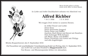 Traueranzeige von Alfred Richber von Alsfelder Allgemeine