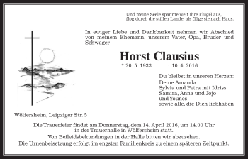 Traueranzeige von Horst Clausius von Wetterauer Zeitung, Wetterauer Zeitung