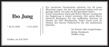 Traueranzeige von Ibo Jung von Gießener Allgemeine, Alsfelder Allgemeine, Wetterauer Zeitung, Wetterauer Zeitung
