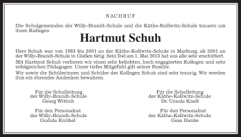 Traueranzeige von Hartmut Schuh von Gießener Allgemeine, Alsfelder Allgemeine