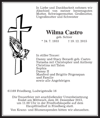 Traueranzeige von Wilma Castro von Wetterauer Zeitung, Wetterauer Zeitung