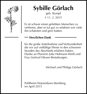 Traueranzeige von Sybille Görlach von Gießener Allgemeine, Alsfelder Allgemeine, Pohlheimer Nachrichten