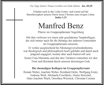 Traueranzeige von Manfred Benz von Alsfelder Allgemeine