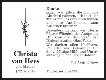 Traueranzeige von Christa van Hees von Alsfelder Allgemeine