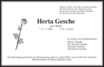 Traueranzeige von Herta Gesche von Wetterauer Zeitung, Wetterauer Zeitung