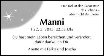 Traueranzeige von Manni Bock von Gießener Allgemeine, Alsfelder Allgemeine