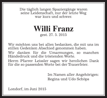 Traueranzeige von Willi Franz von Rabenauer Zeitung