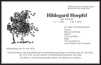 Traueranzeige von Hildegard Hoepfel von Gießener Allgemeine, Alsfelder Allgemeine