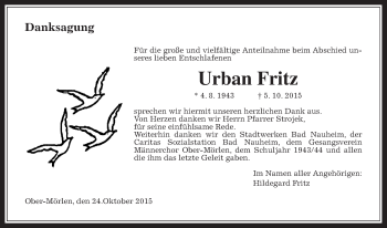 Traueranzeige von Urban Fritz von Wetterauer Zeitung, Wetterauer Zeitung