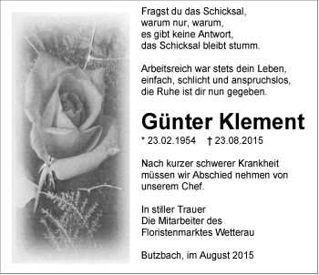 Traueranzeige von Günter Klement von Gießener Allgemeine, Alsfelder Allgemeine, Wetterauer Zeitung, Wetterauer Zeitung