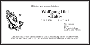 Traueranzeige von Wolfgang Diehl von Wetterauer Zeitung, Wetterauer Zeitung