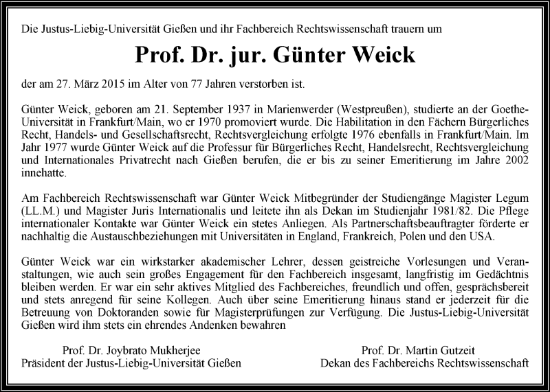  Traueranzeige für Günter Weick vom 18.04.2015 aus Gießener Allgemeine, Alsfelder Allgemeine