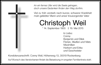 Traueranzeige von Christoph Weil von Wetterauer Zeitung, Wetterauer Zeitung