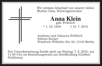 Traueranzeige von Anna Klein von Gießener Allgemeine, Alsfelder Allgemeine
