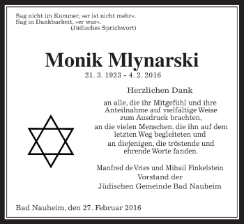 Traueranzeige von Monik Mlynarski von Gießener Allgemeine, Alsfelder Allgemeine, Wetterauer Zeitung, Wetterauer Zeitung