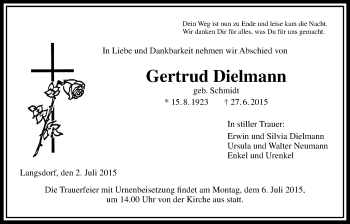 Traueranzeige von Gertrud Dielmann von Licher Wochenblatt, Licher Wochenblatt, Licher Wochenblatt