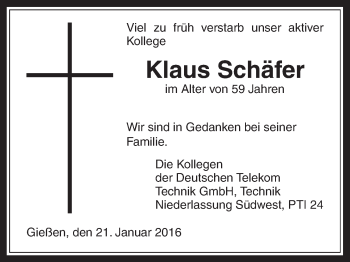 Traueranzeige von Klaus Schäfer von Gießener Allgemeine, Alsfelder Allgemeine