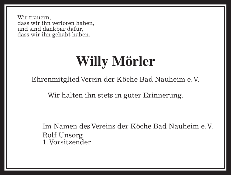  Traueranzeige für Willy Mörler vom 15.04.2016 aus Wetterauer Zeitung, Wetterauer Zeitung