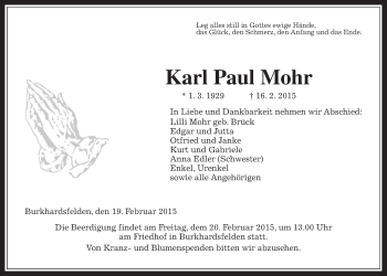 Traueranzeige von Karl Paul Mohr von Gießener Allgemeine, Alsfelder Allgemeine