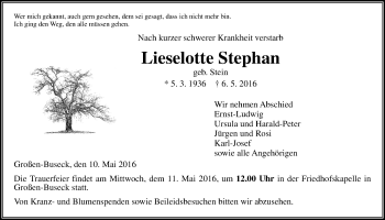 Traueranzeige von Lieselotte Stephan von Gießener Allgemeine, Alsfelder Allgemeine