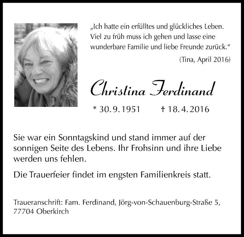  Traueranzeige für Christina Ferdinand vom 20.04.2016 aus Gießener Allgemeine, Alsfelder Allgemeine