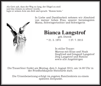 Traueranzeige von Bianca Langstrof von Wetterauer Zeitung, Wetterauer Zeitung