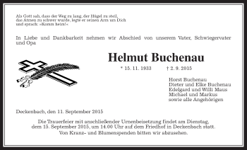 Traueranzeige von Helmut Buchenau von Alsfelder Allgemeine