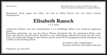 Traueranzeige von Elisabeth Rausch von Gießener Allgemeine, Alsfelder Allgemeine