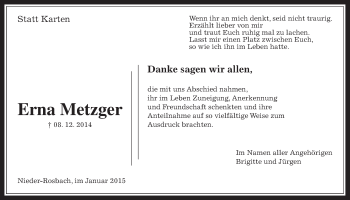 Traueranzeige von Erna Metzger von Wetterauer Zeitung, Wetterauer Zeitung
