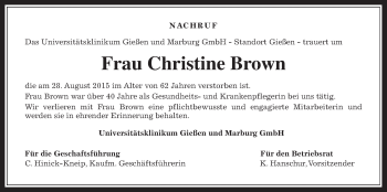 Traueranzeige von Christine Brown von Gießener Allgemeine, Alsfelder Allgemeine