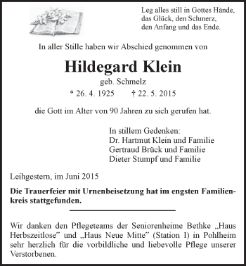 Traueranzeige von Klein Hildegard von Gießener Allgemeine, Alsfelder Allgemeine