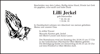 Traueranzeige von Lilli Jeckel von Wetterauer Zeitung, Wetterauer Zeitung