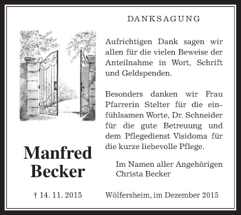 Traueranzeige von Manfred Becker von Wetterauer Zeitung, Wetterauer Zeitung