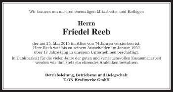 Traueranzeige von Friedel Reeb von Gießener Allgemeine, Alsfelder Allgemeine, Wetterauer Zeitung, Wetterauer Zeitung