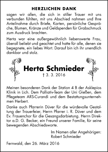 Traueranzeige von Herta Schmieder von Gießener Allgemeine, Alsfelder Allgemeine
